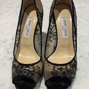 Jimmy Choo black lace open toe Heels